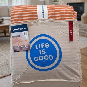 Life Is Good King Quilt Set NWT Reversible Orange Stripe 3PC
